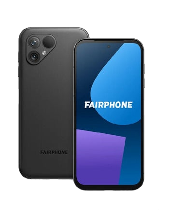 Front and rear views of a Fairphone 5 in Black colour.