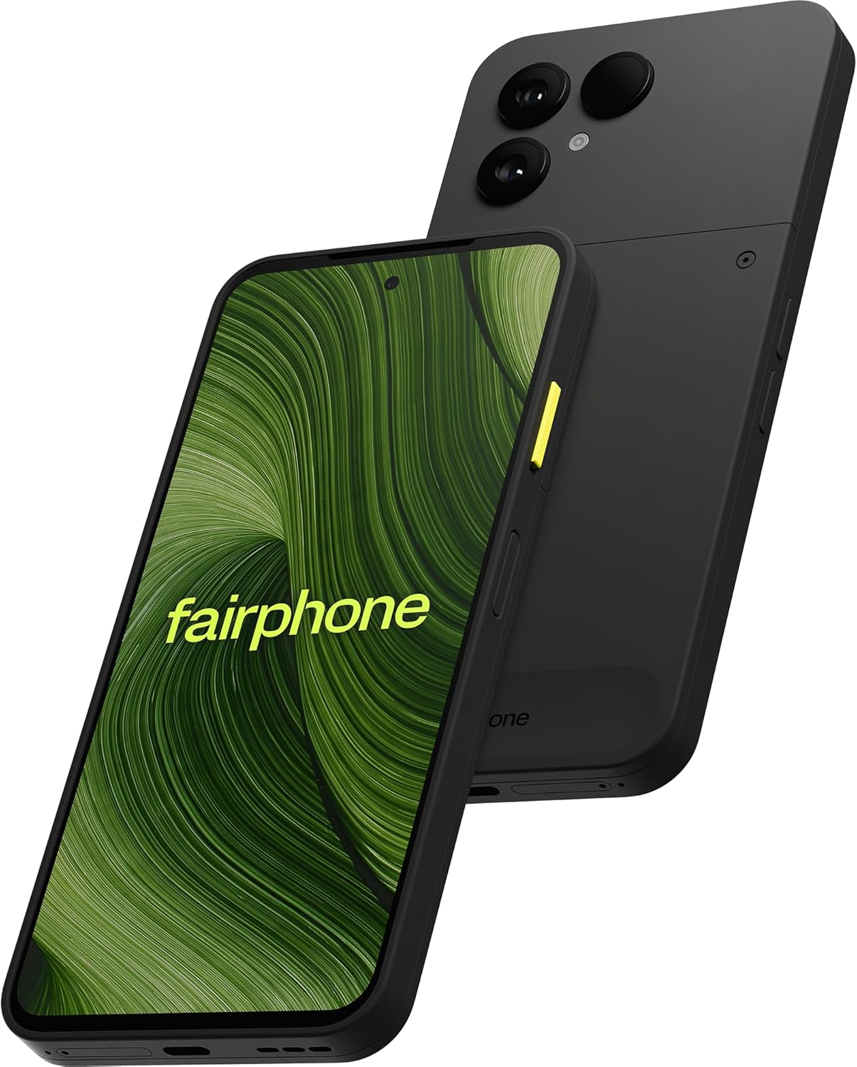 Front and rear views of a Fairphone (Gen. 6) in Horizon Black colour.