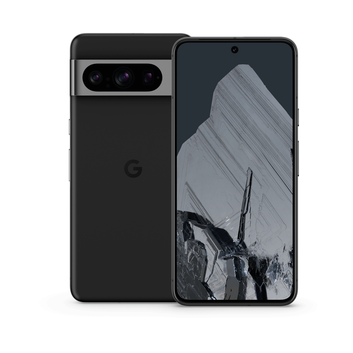 Front and rear view of a Google Pixel 8 Pro in Obsidian colour